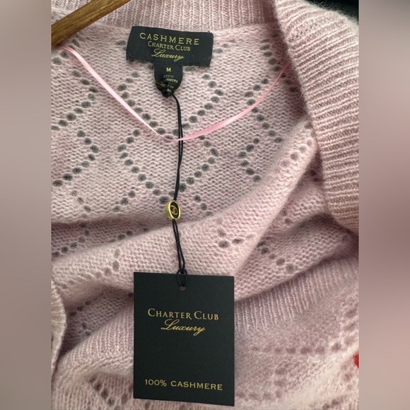 NWT Charter Club 100% Cashmere Pink Crochet Heart Pointelle Button Cardigan M - Picture 12 of 14